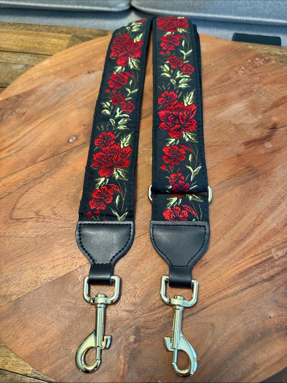 Adjustable Floral Embroidered Bag Strap - Black with Red Roses